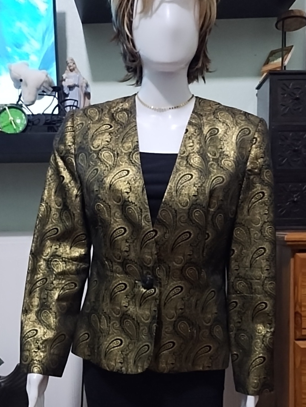 Fully Lined Women's Metallic Gold Paisley Long Sleeve Blazer Jacket